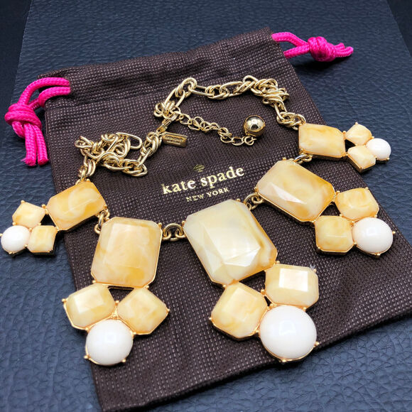 Kate Spade Necklace Swirl Around 16" Yellow Ivory 12K Plate Graduated Bib Choker - Picture 8 of 8